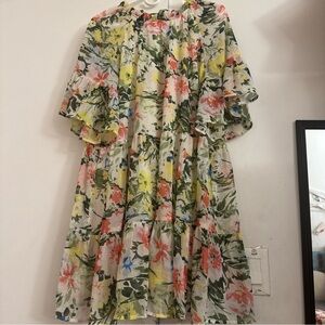 H&M Chiffon Tiered Mini Dress Size M Green Floral Loose Fit Ruffle Sleeve